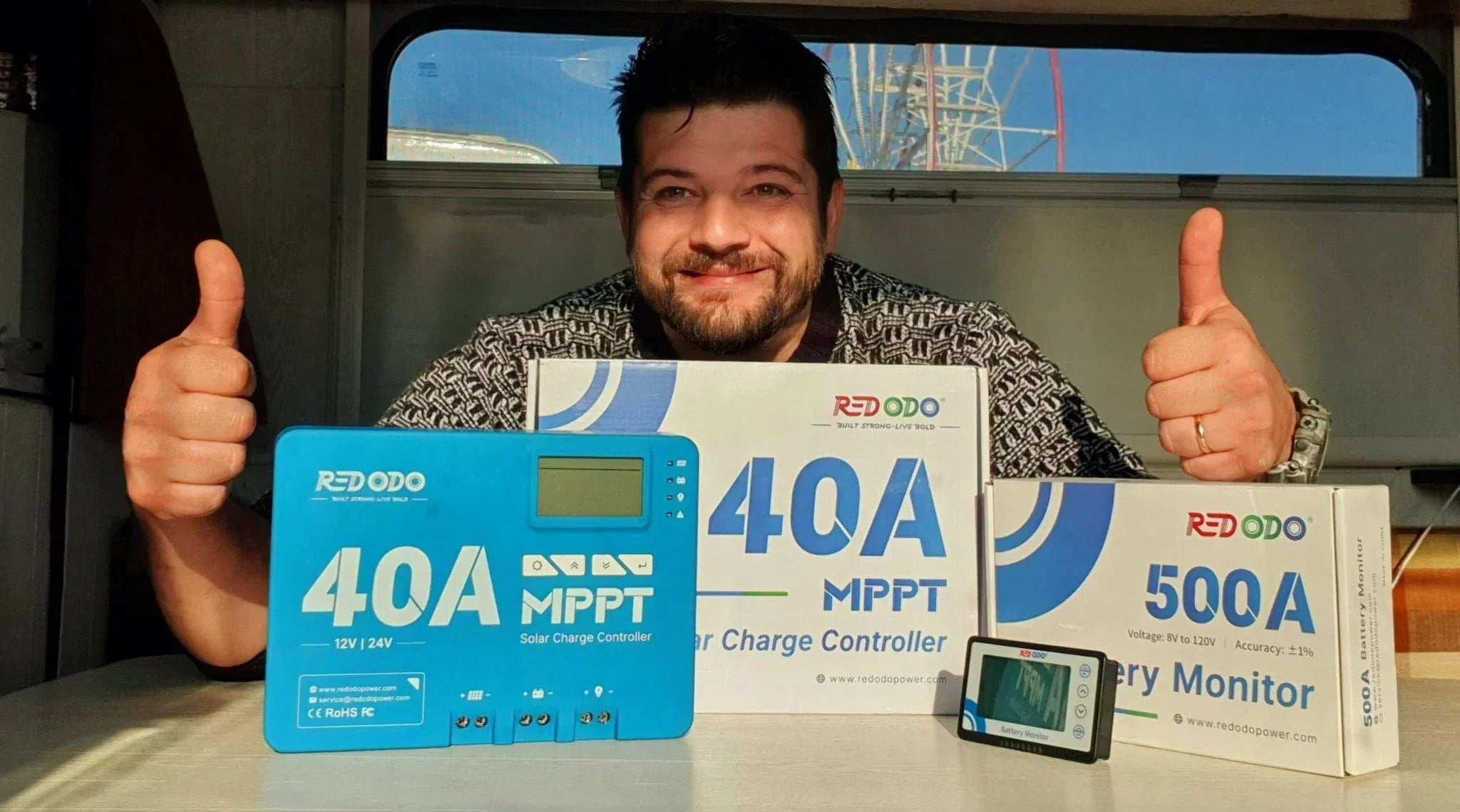 user review of Redodo 40A MPPT solar charge controller and 500A battery monitor