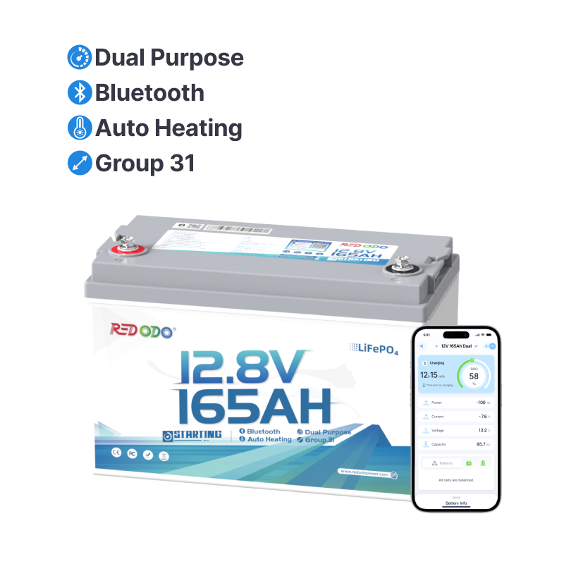 Redodo 12V 165Ah Group 31 Dual-Purpose Lithium Marine Battery with Bluetooth