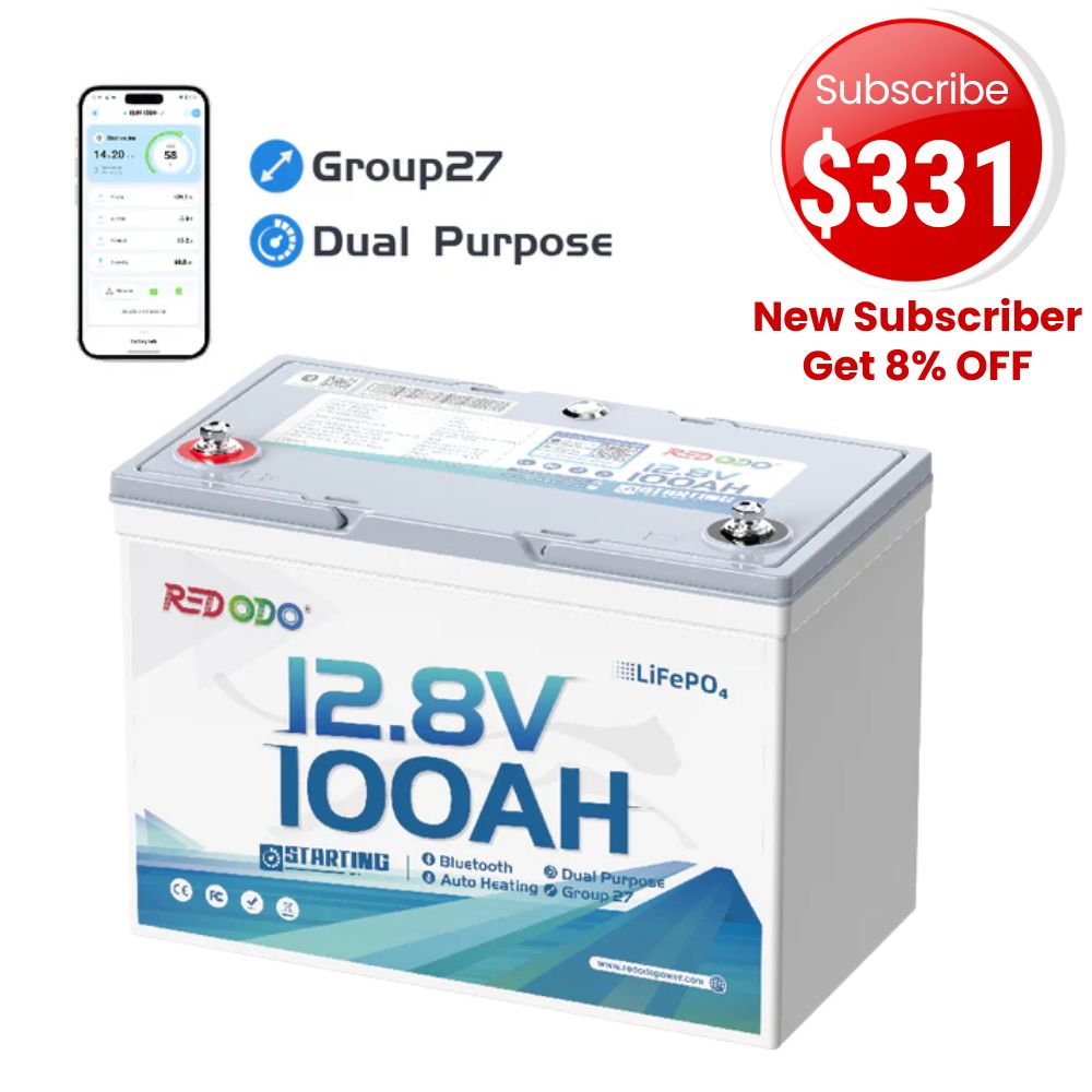 🔥【$331 After Subscribe】Redodo 12V 100Ah 900 CCA Group 27 Dual Purpose Marine Battery with OTA Bluetooth Auto-Heating