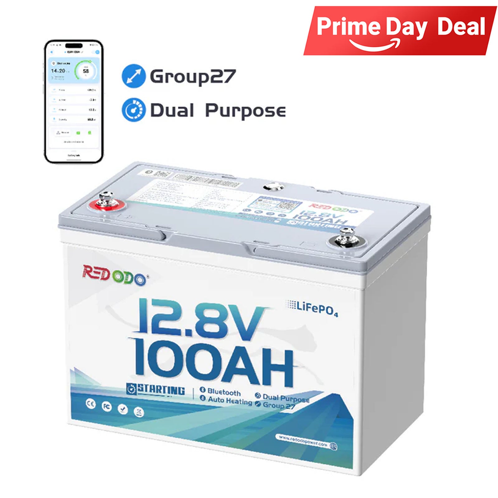 ⚡[Final $368] Redodo 12V 100Ah 900 CCA Group 27 Dual Purpose Marine Battery with OTA Bluetooth Auto-Heating
