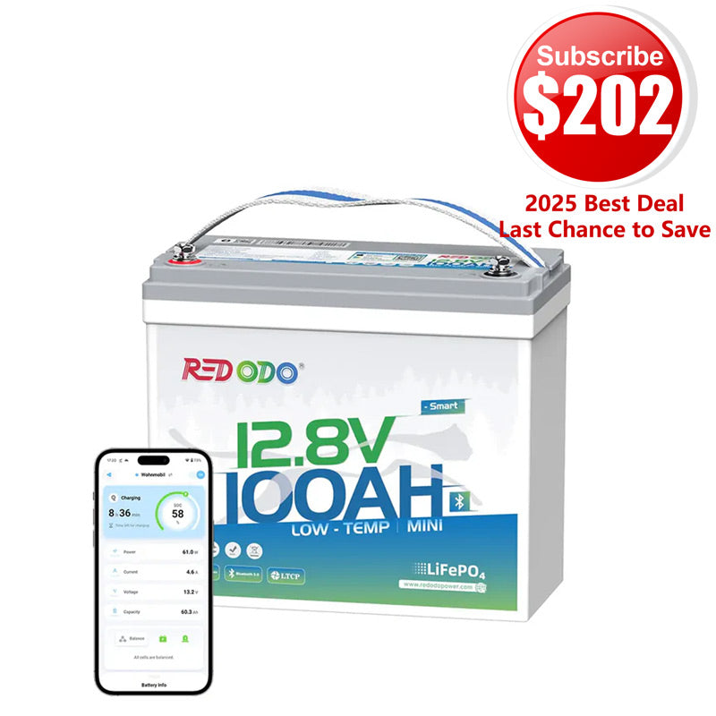【$202 After Subscribe】Redodo 12V 100Ah Mini Bluetooth LiFePO4 Battery | For RV, Marine, Solar