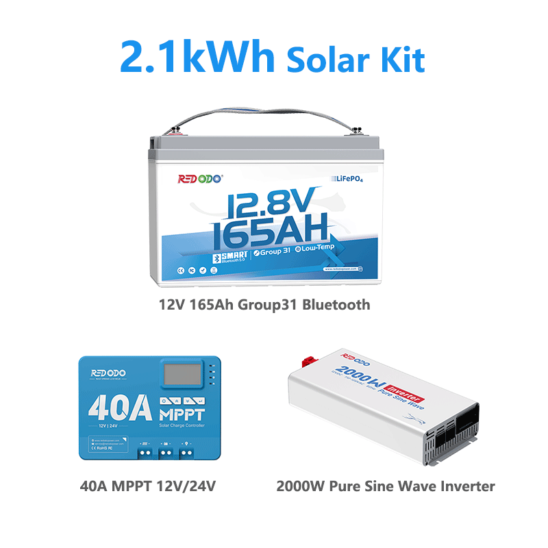 2.1kWh Solar Power Kit with Redodo 12V 165Ah Group 31 Bluetooth Battery, 2000W inverter, 40A MPPT