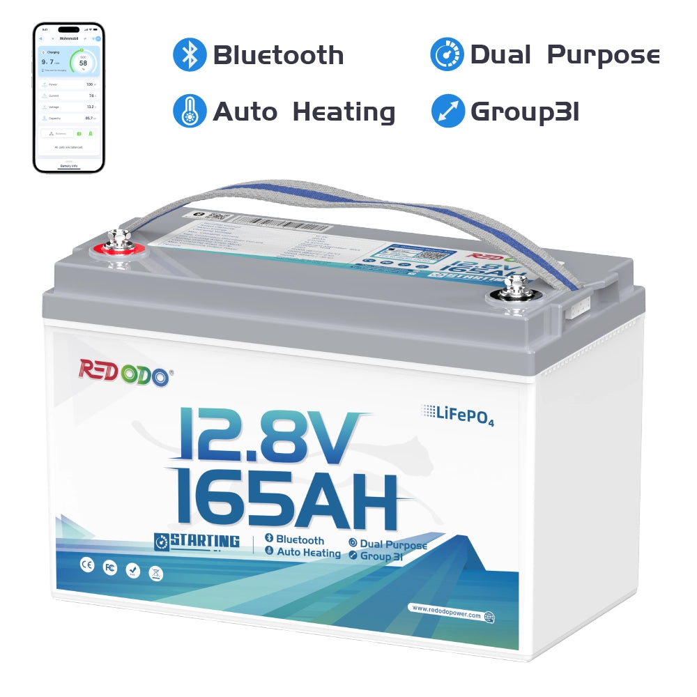 Redodo 12V 165Ah Dual-Purpose Lithium Marine Battery, 1200 CCA Group 31 Bluetooth Starting Battery with Self Heating