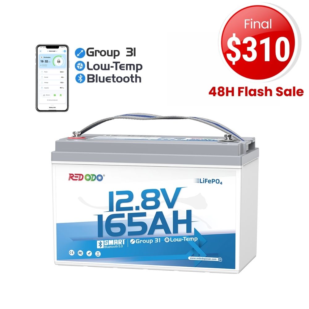 ⚡【Flash Deal $310】Redodo 12V 165Ah Group 31 Bluetooth Lithium Battery | For RV, Marine, Solar Home