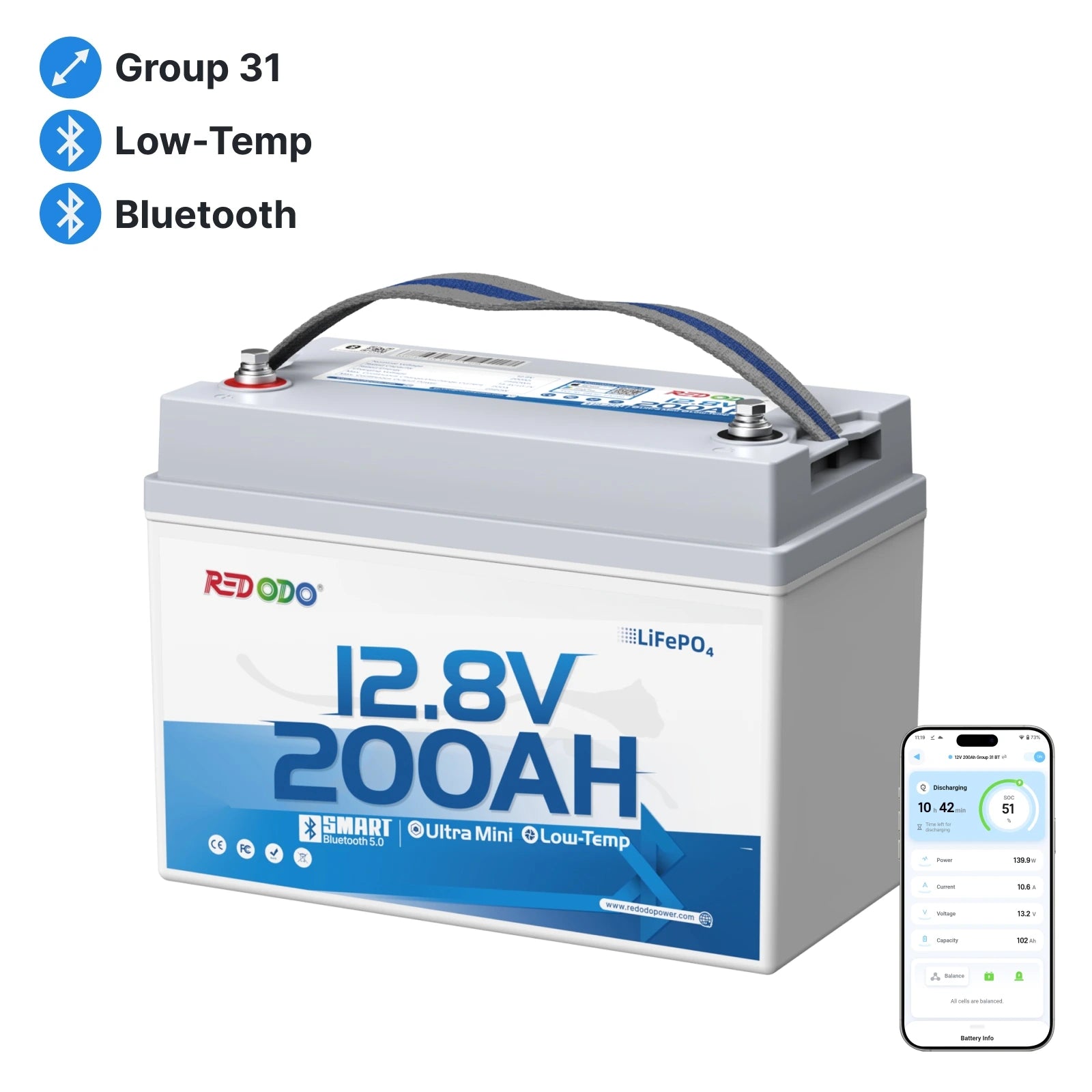 Redodo 12.8V 200Ah lithium iron phosphate group 31 battery with Bluetooth 