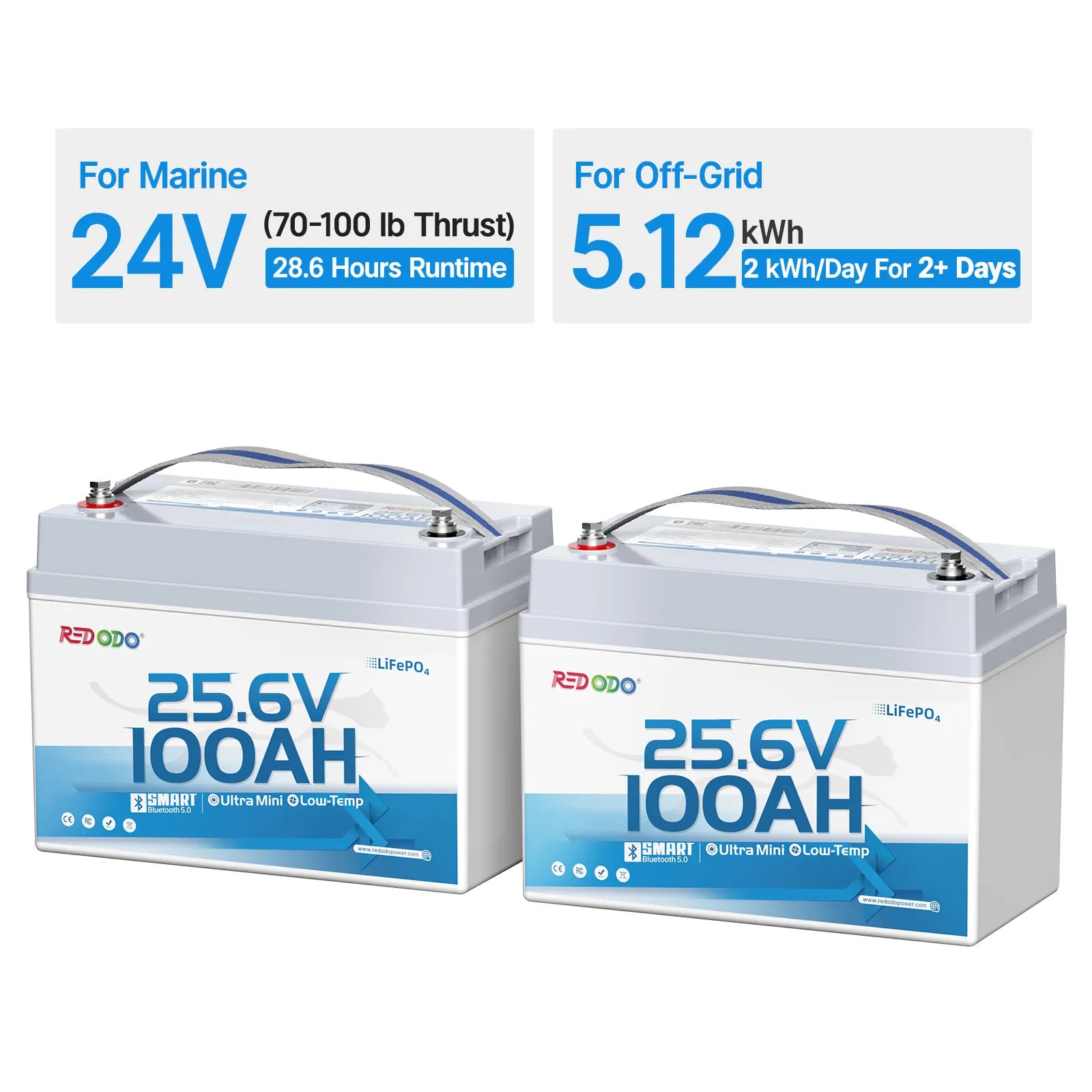 2 pack of Redodo 24V 100Ah Group 31 lithium bluetooth batteries