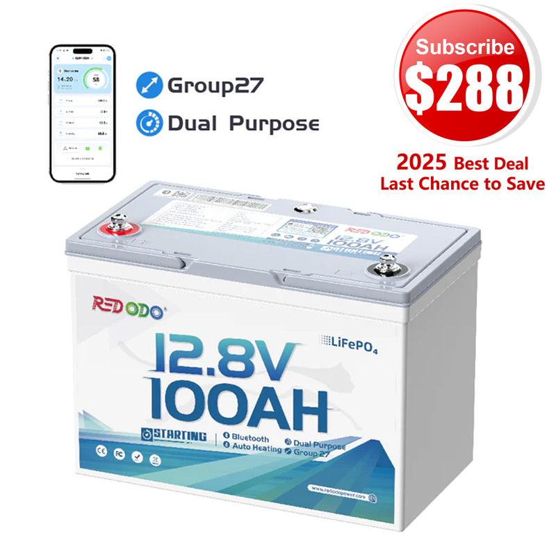 🔥【$288 After Subscribe】Redodo 12V 100Ah 900 CCA Group 27 Dual Purpose Marine Battery with OTA Bluetooth Auto-Heating