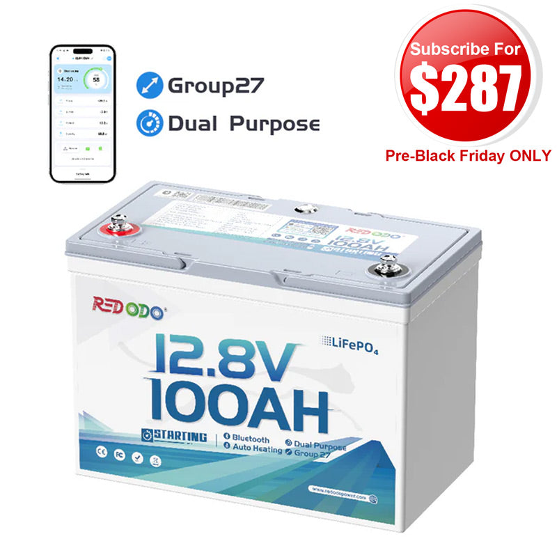 【$287 After Subscribe】Redodo 12V 100Ah 900 CCA Group 27 Dual Purpose Marine Battery with OTA Bluetooth Auto-Heating
