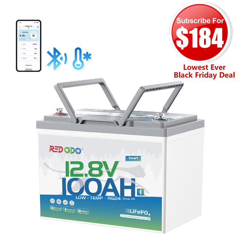 🔥【$184 After Subscribe】Redodo 12V 100Ah Group 24 Bluetooth LiFePO4 Battery | Real-Time Battery Monitoring | For RV, Marine, Solar