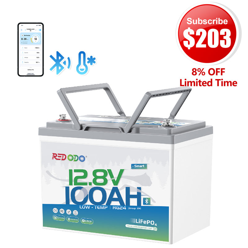 🔥【Subscribe for $203】Redodo 12V 100Ah Group 24 Bluetooth LiFePO4 Battery | Real-Time Battery Monitoring | For RV, Marine, Solar
