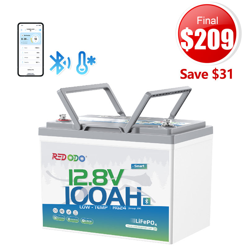 🔥【Final $209】Redodo 12V 100Ah Group 24 Bluetooth LiFePO4 Battery | Real-Time Battery Monitoring | For RV, Marine, Solar