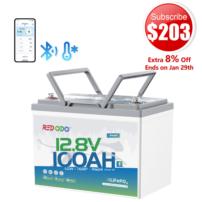 🔥【$203 After Subscribe】Redodo 12V 100Ah Group 24 Bluetooth LiFePO4 Battery | Real-Time Battery Monitoring | For RV, Marine, Solar