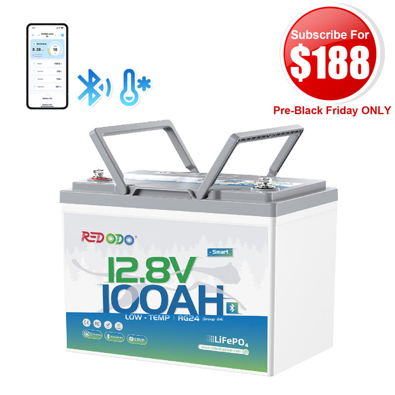 【$188 After Subscribe】Redodo 12V 100Ah Group 24 Bluetooth LiFePO4 Battery | Real-Time Battery Monitoring | For RV, Marine, Solar