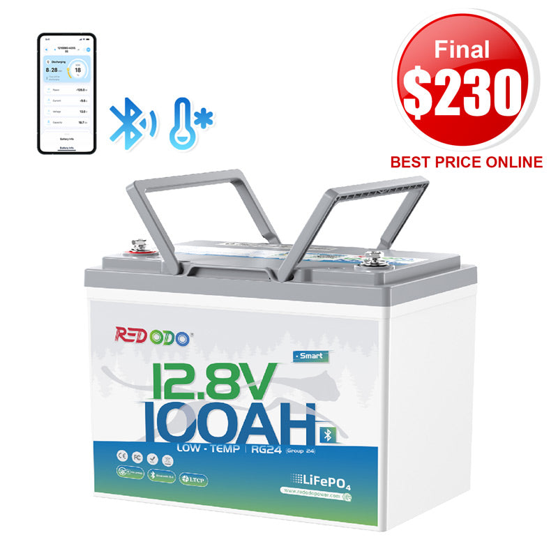 ⚡[Final $230] Redodo 12V 100Ah Group 24 Bluetooth LiFePO4 Battery | Real-Time Battery Monitoring | For RV, Marine, Solar