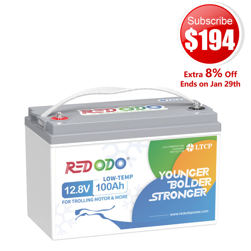 🔥【$194 After Subscribe】Redodo 12V 100Ah Lithium Trolling Motor Battery With Low Temp Protection