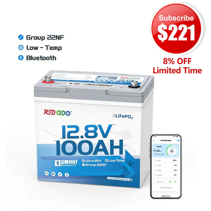 🔥【Subscribe for $221】Redodo 12V 100Ah Ultra-Mini Lithium LiFePO4 Battery | Smallest Bluetooth Battery | For RV, Trolling Motor, Solar