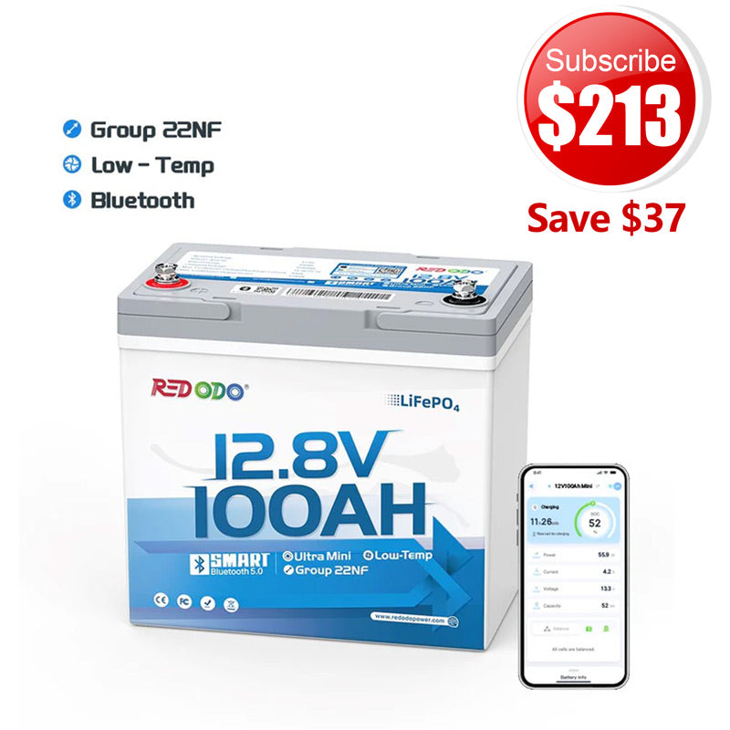 🔥【$213 After Subscribe】Redodo 12V 100Ah Ultra-Mini Lithium LiFePO4 Battery | Smallest Bluetooth Battery | For RV, Trolling Motor, Solar