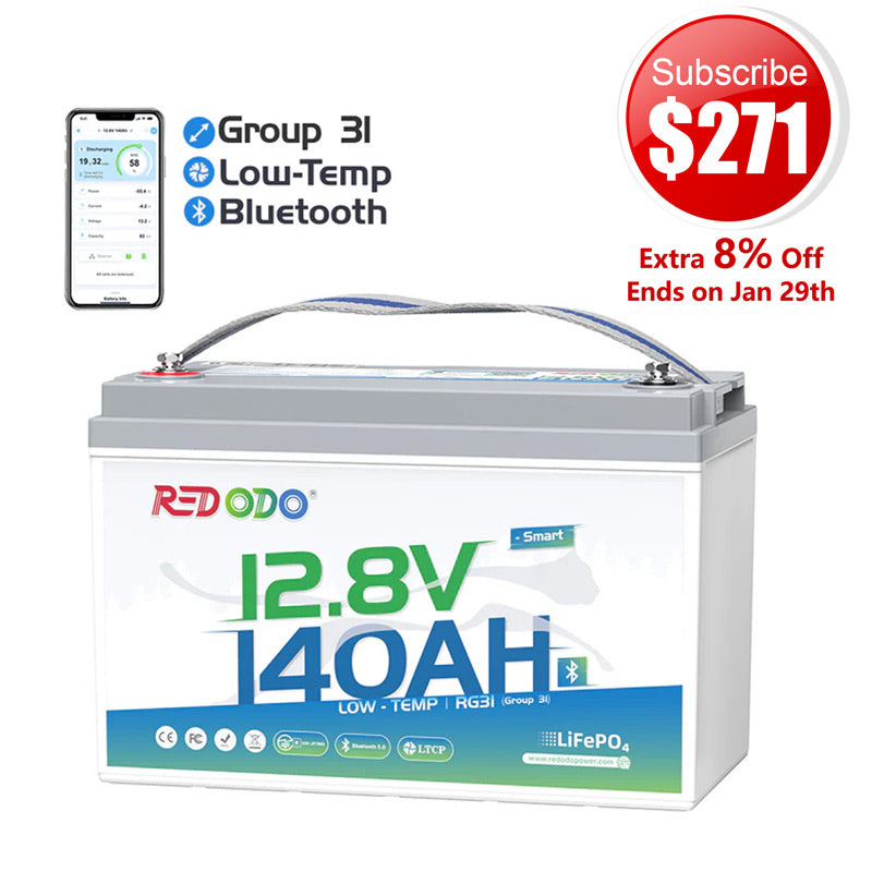 🔥【$271 After Subscribe】Redodo 12V 140Ah Group 31 Lithium Battery with Bluetooth | 40% More Capacity | For RV, Marine, Solar Home