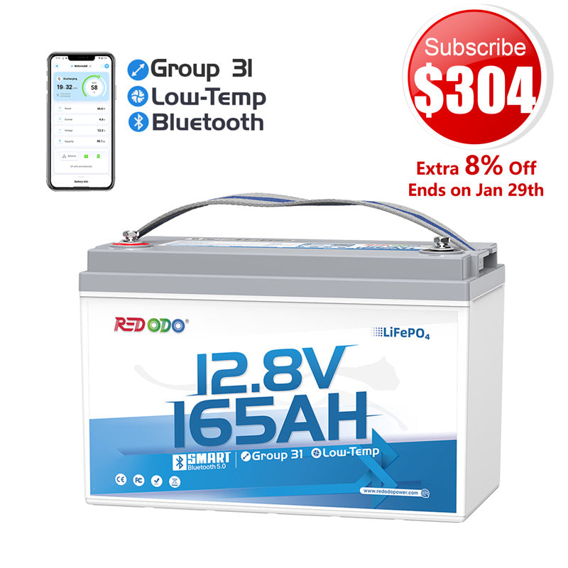 🔥【$304 After Subscribe】Redodo 12V 165Ah Group 31 Bluetooth Lithium Battery | For RV, Marine, Solar Home