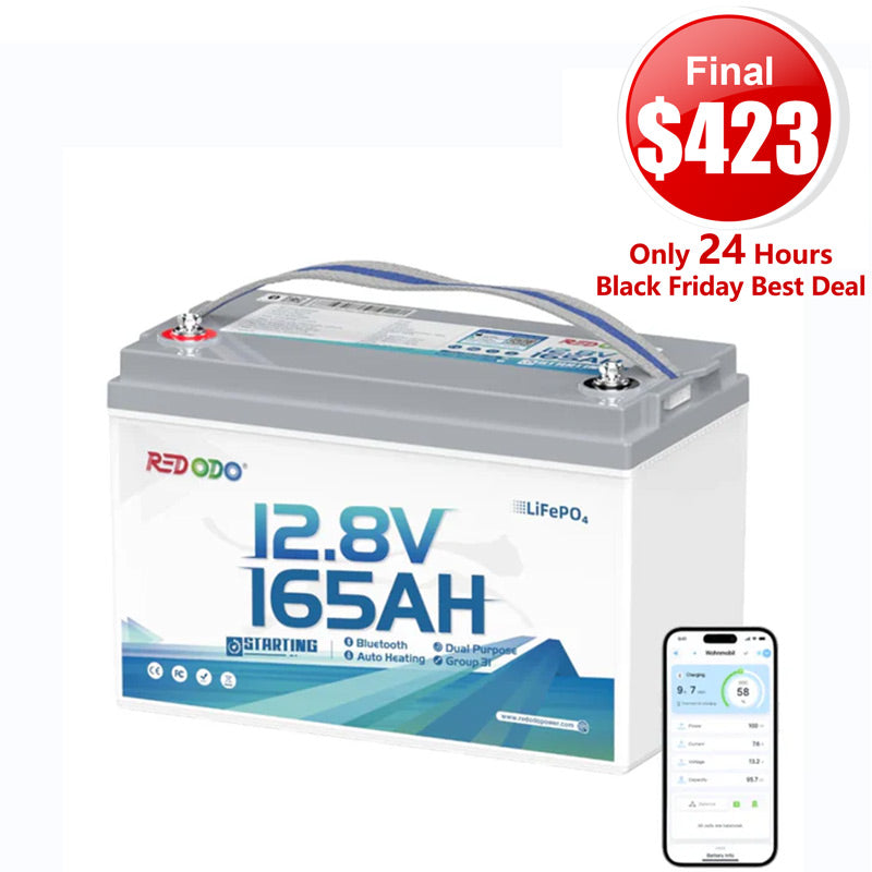 🔥【$423 Only 24H】Redodo 12V 165Ah 1200CCA Dual-Purpose Lithium Bluetooth Marine Battery with Self Heating