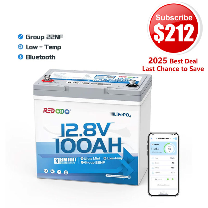 🔥 【$212 After Subscribe】Redodo 12V 100Ah Ultra-Mini Lithium LiFePO4 Battery | Smallest Bluetooth Battery | For RV, Trolling Motor, Solar
