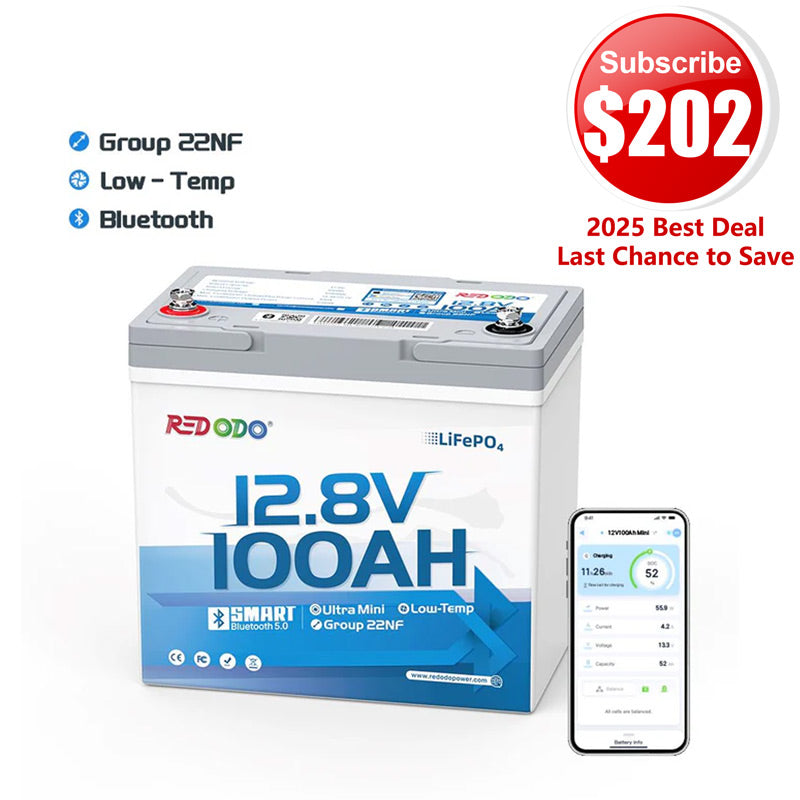 🔥 【$202 After Subscribe】Redodo 12V 100Ah Ultra-Mini Lithium LiFePO4 Battery | Smallest Bluetooth Battery | For RV, Trolling Motor, Solar