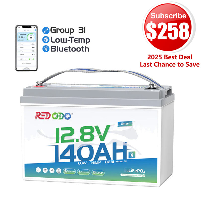 🔥【$258 After Subscribe】Redodo 12V 140Ah Group 31 Lithium Battery with Bluetooth | 40% More Capacity | For RV, Marine, Solar Home