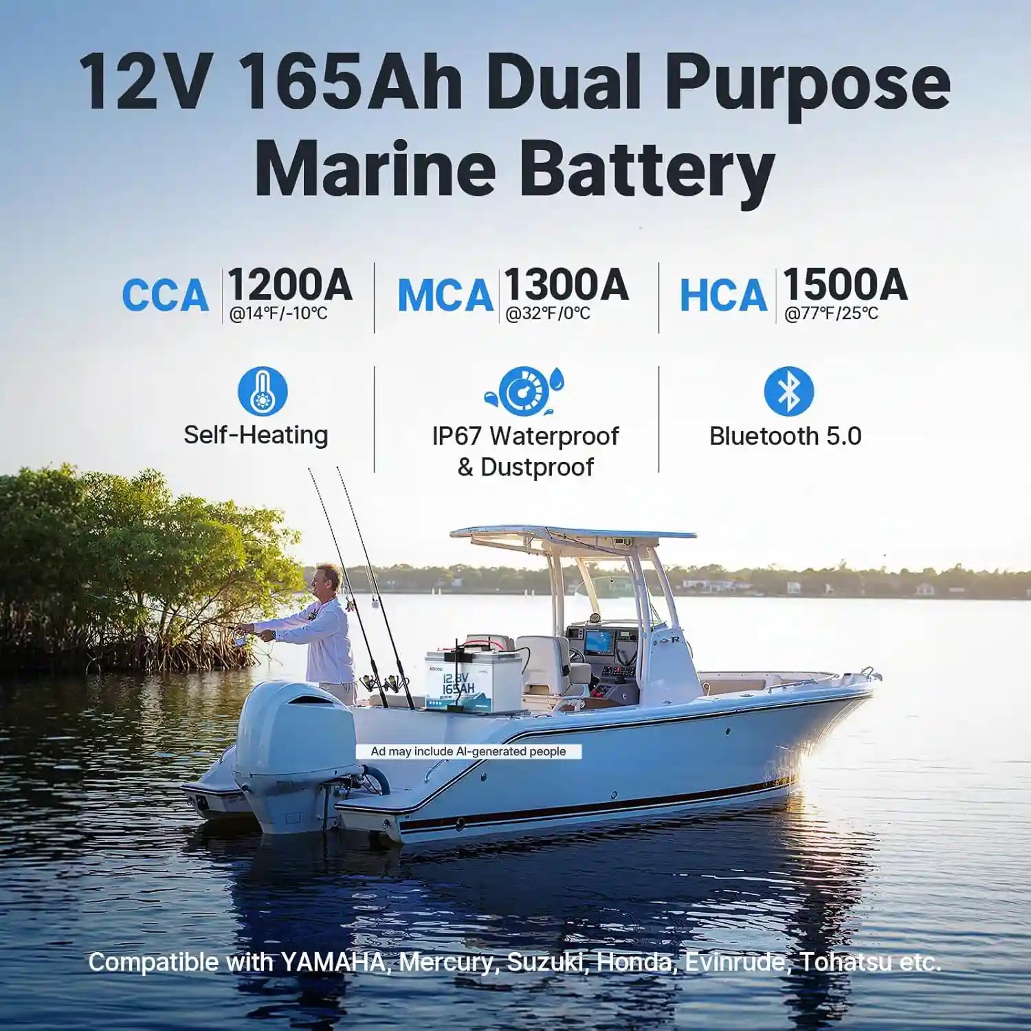 Redodo 12V 165Ah Group 31 Dual-Purpose Marine Battery, IP 67 waterproof battery
