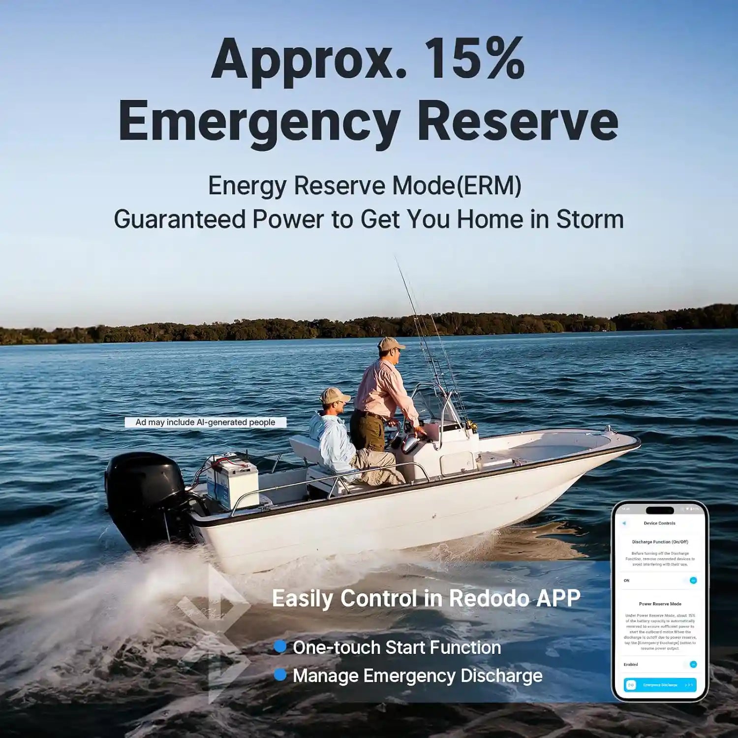 Redodo 12V 165Ah Group 31 Dual-Purpose Marine Battery featured with 15% emergency reserve mode