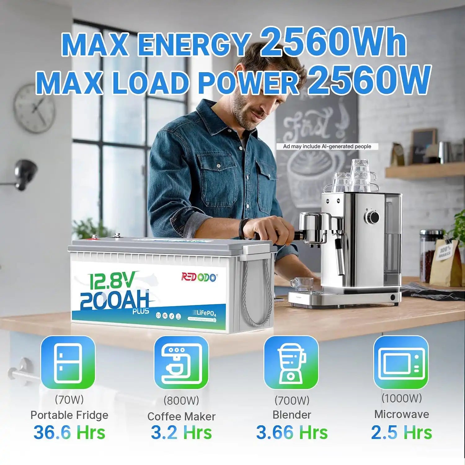 REDODO 12.8V 200AH Lithium Battery with 2560Wh energy and 2560W load power