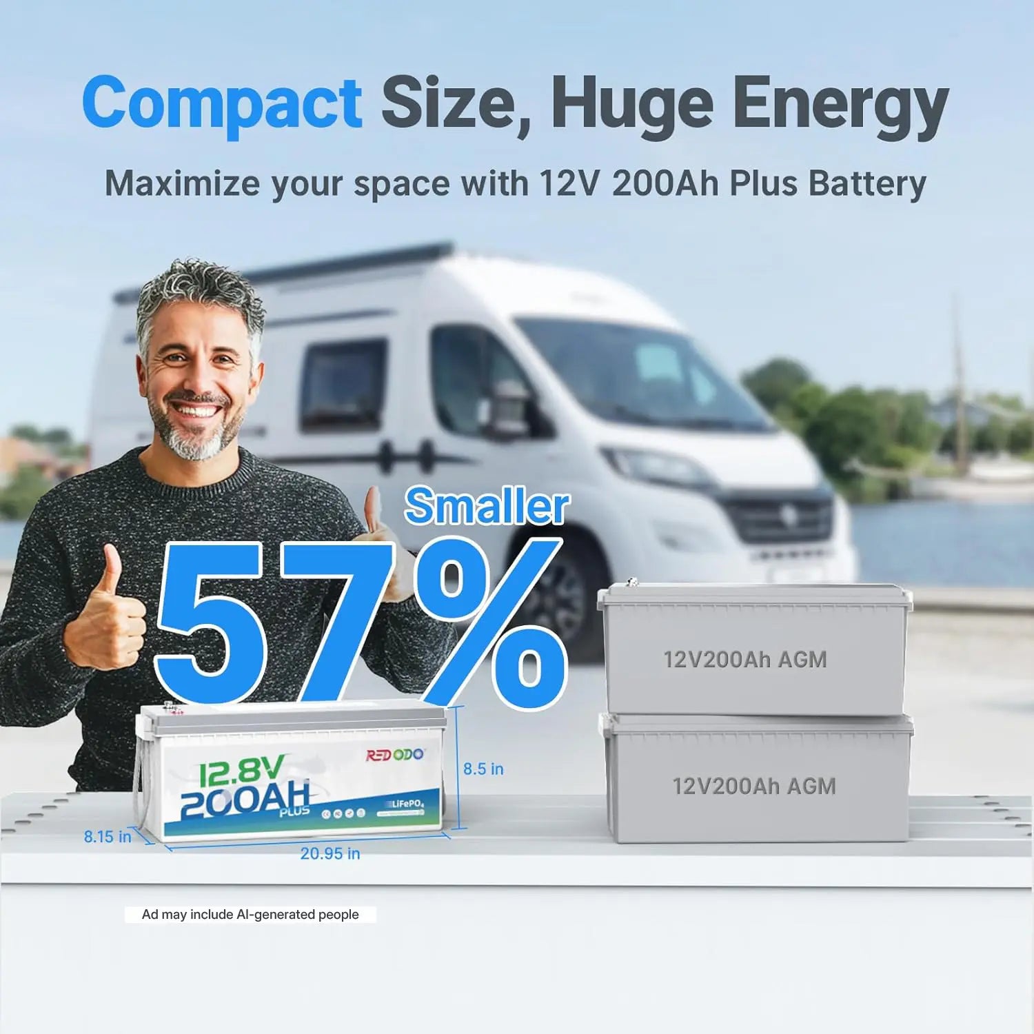 Redodo 12V 200Ah Plus deep cycle lithium battery with compact size