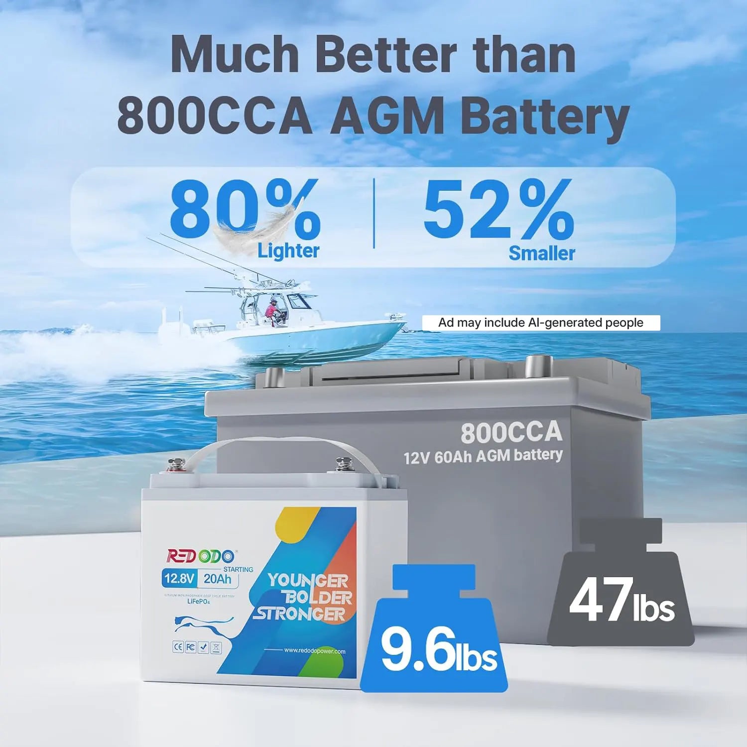 weight of Redodo lithium marine cranking battery  vs. 800 CCA AGM battery