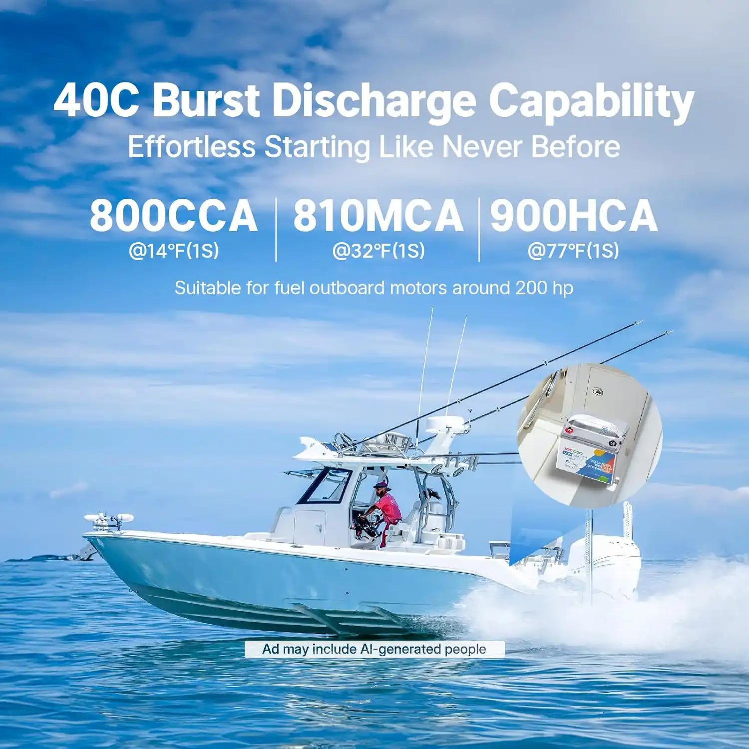 Redodo 800 CCA marine cranking battery, 40C discharge capability