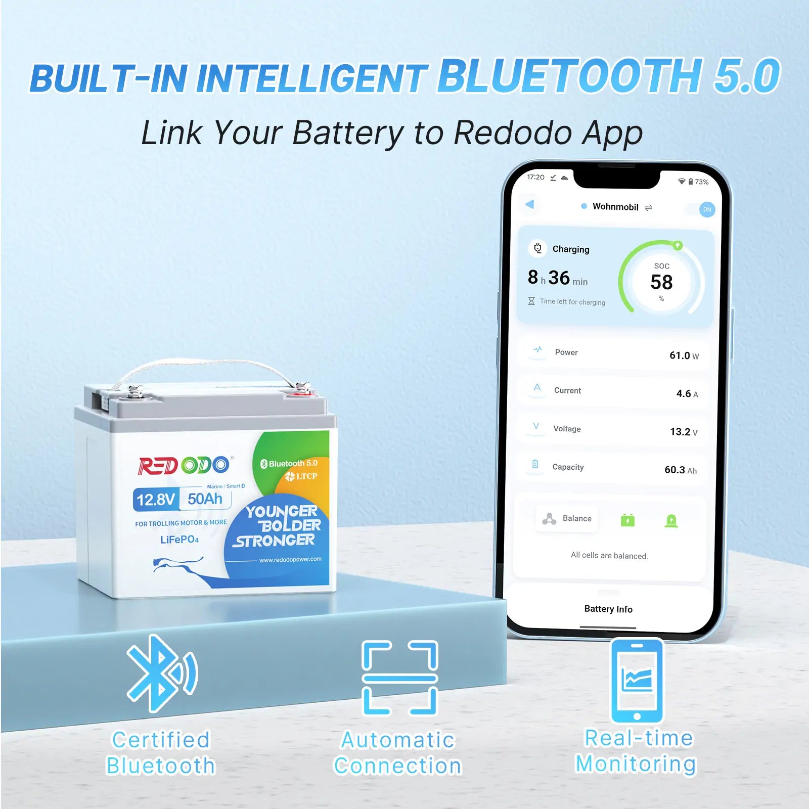 Bluetooth Battery 12V 50Ah LiFePO4 battery