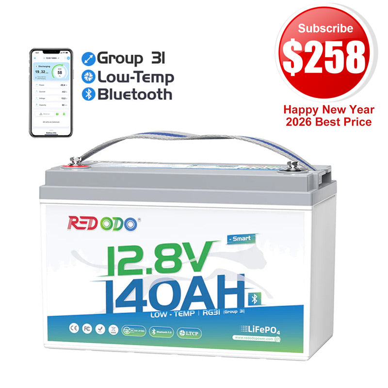 🔥【$258 After Subscribe】Redodo 12V 140Ah Group 31 Lithium Battery with Bluetooth | 40% More Capacity | For RV, Marine, Solar Home