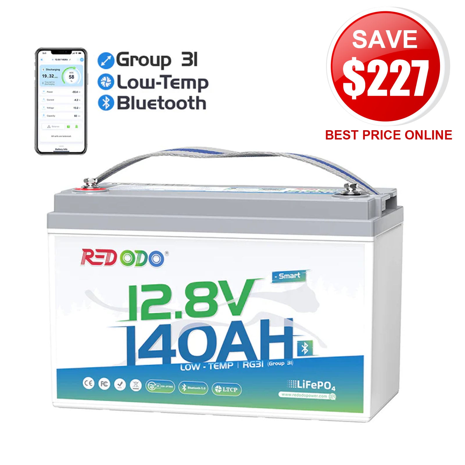 ⚡Redodo 12V 140Ah Group 31 Lithium Battery with Bluetooth | 40% More Capacity | For RV, Marine, Solar Home