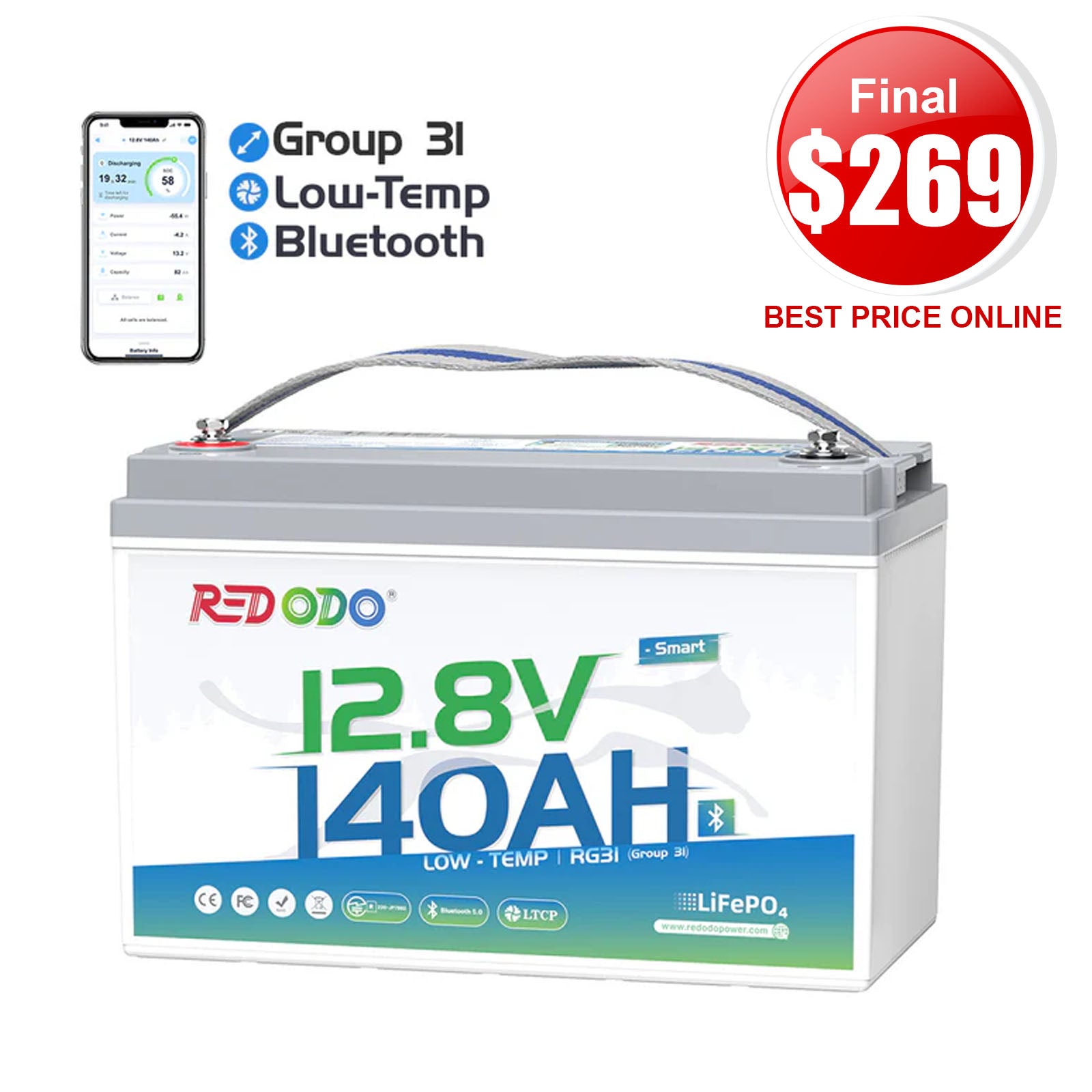 ⚡[$269 For 48 Hrs] Redodo 12V 140Ah Group 31 Lithium Battery with Bluetooth | 40% More Capacity | For RV, Marine, Solar Home