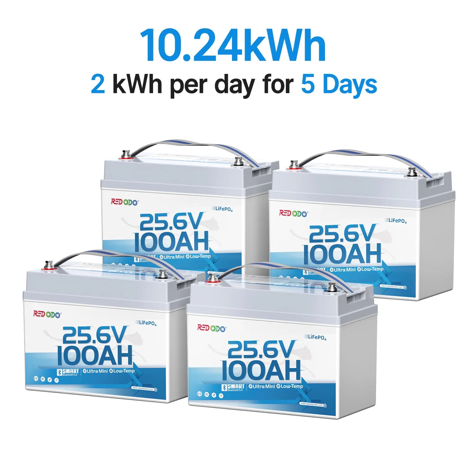 4 pack of Redodo 24V 100Ah Group 31 lithium bluetooth batteries