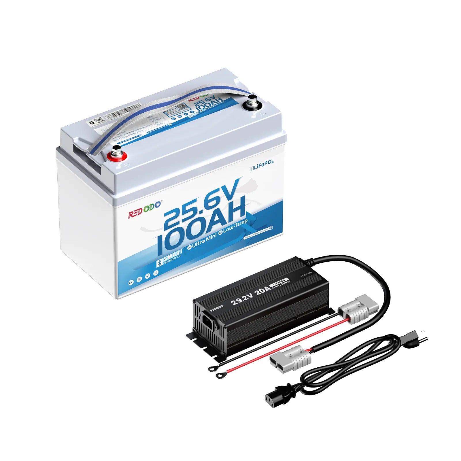 Redodo 24V 100Ah Group 31 lithium battery with 29.2V 20A charger