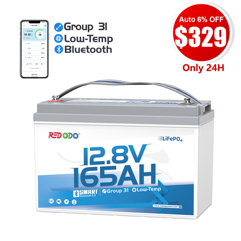 ⚡【$329 Only 24H】Redodo 12V 165Ah Group 31 Bluetooth Lithium Battery | For RV, Marine, Solar Home