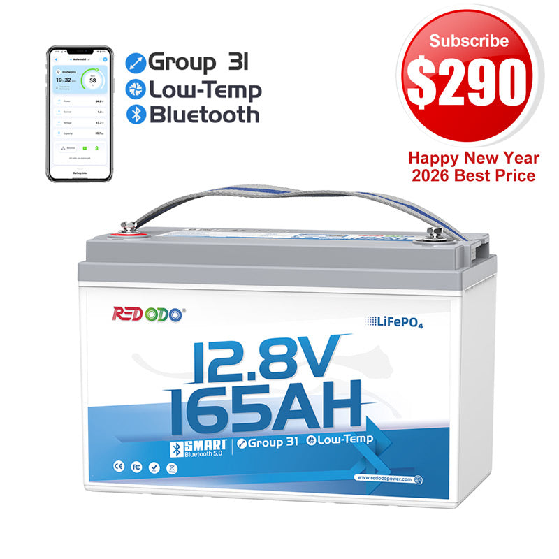 🔥【$290 After Subscribe】Redodo 12V 165Ah Group 31 Bluetooth Lithium Battery | For RV, Marine, Solar Home