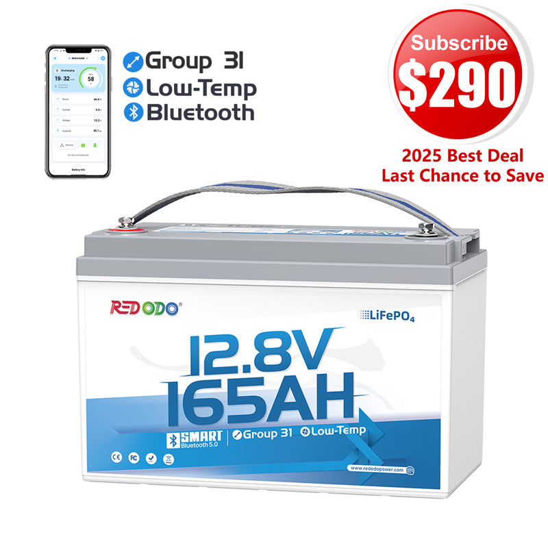 🔥【$290 After Subscribe】Redodo 12V 165Ah Group 31 Bluetooth Lithium Battery | For RV, Marine, Solar Home