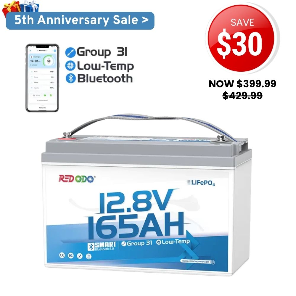 ⚡【FLASH DEAL】Redodo 12V 165Ah Group 31 Bluetooth Lithium Battery | For RV, Marine, Solar Home