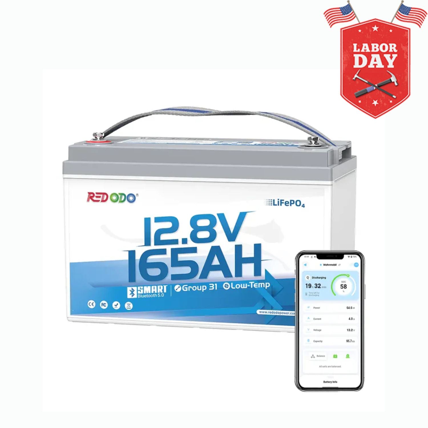 ⚡[Final $313] Redodo 12V 165Ah Group 31 Bluetooth Lithium Battery | For RV, Marine, Solar Home