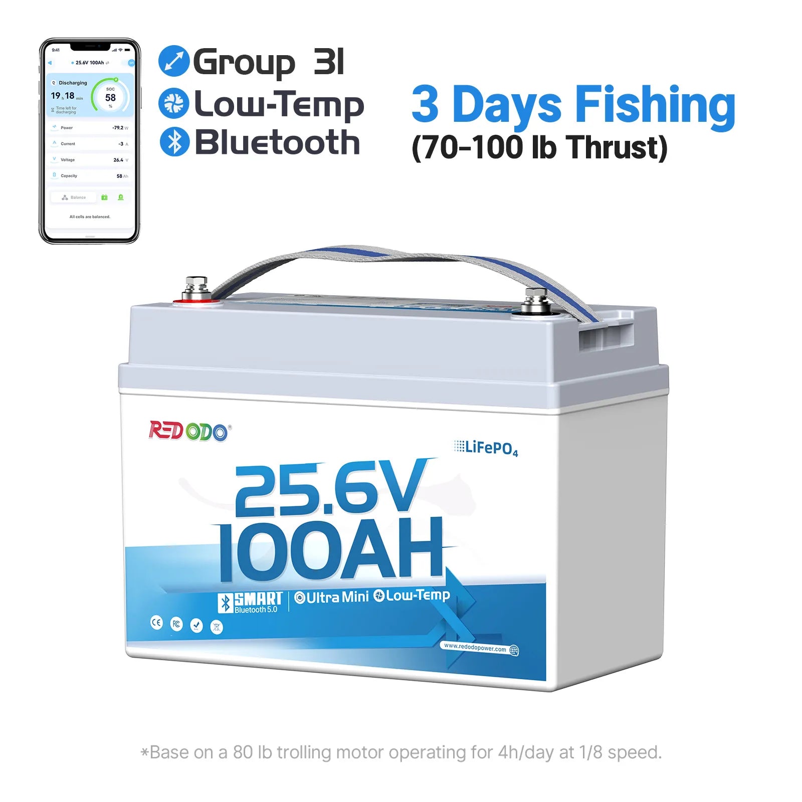 Redodo 24V 100Ah Group 31 deep cycle lithium marine battery