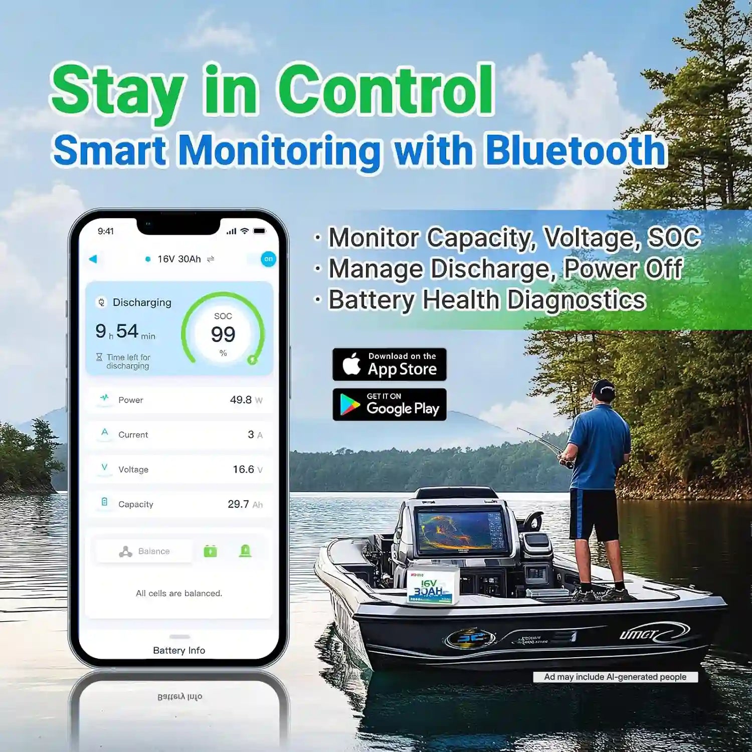 Redodo 16V 30Ah lithium fish finder battery with bluetooth