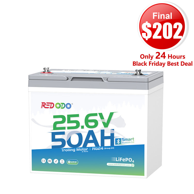 🔥【$202 Only 24H】Redodo 24V 50Ah Bluetooth Trolling Motor Battery | For 24V Trolling Motors with up to 100 lbs
