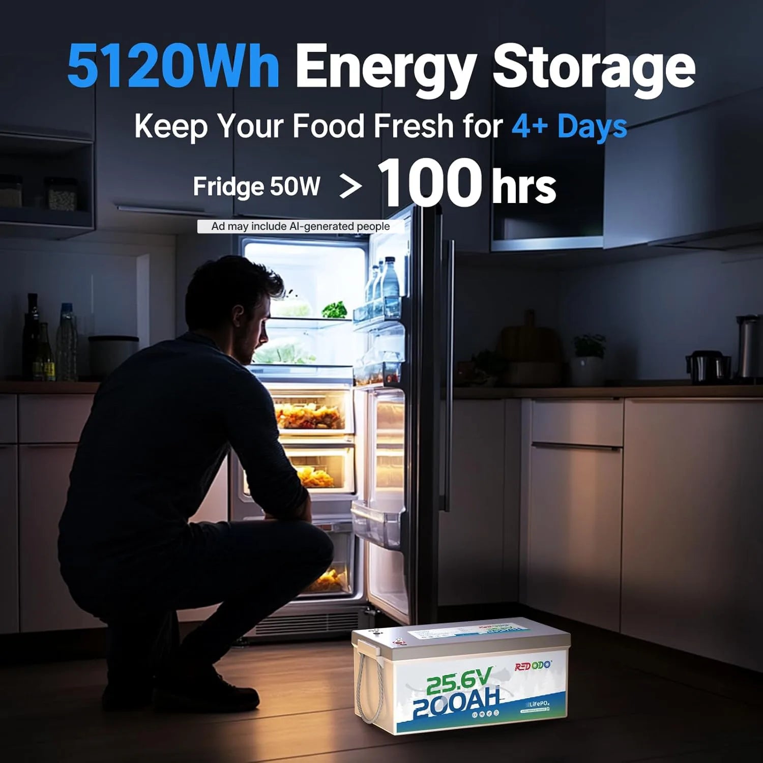 Redodo 24V 200Ah Battery with 5120Wh Energy Storage Keep Your Food Fresh for 4+ Days