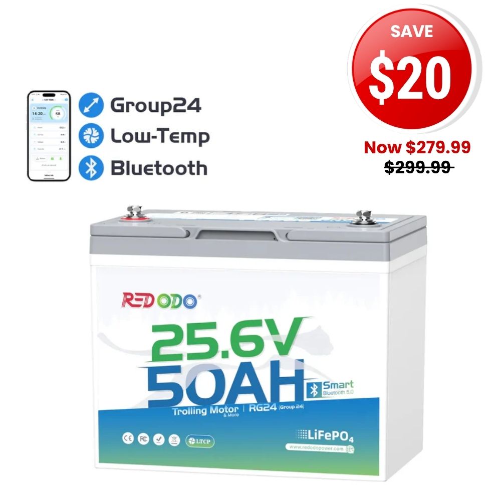 🔥【SAVE $20】Redodo 24V 50Ah Bluetooth Lithium Trolling Motor Battery | For 24V Trolling Motors with up to 100 lbs