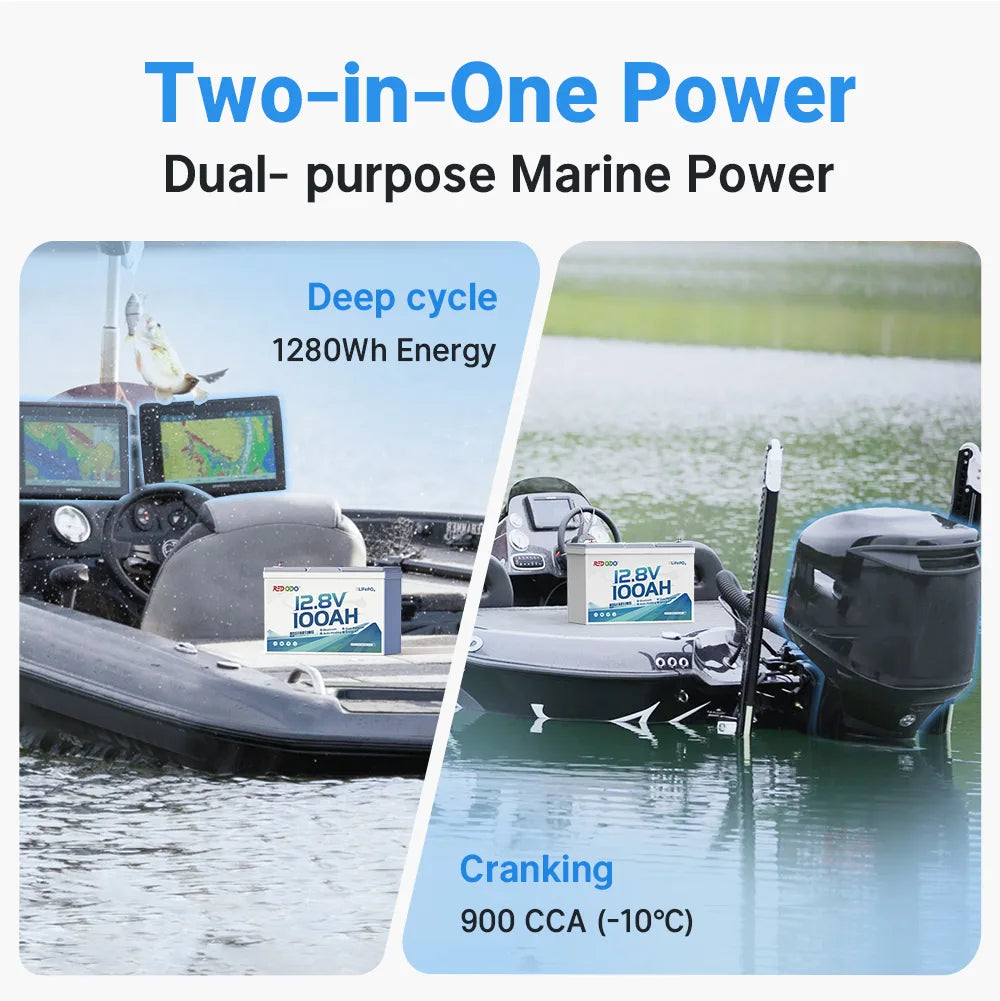 Redodo 12V 100Ah 900 CCA Group 27 Dual Purpose Marine Battery with OTA Bluetooth Auto-Heating